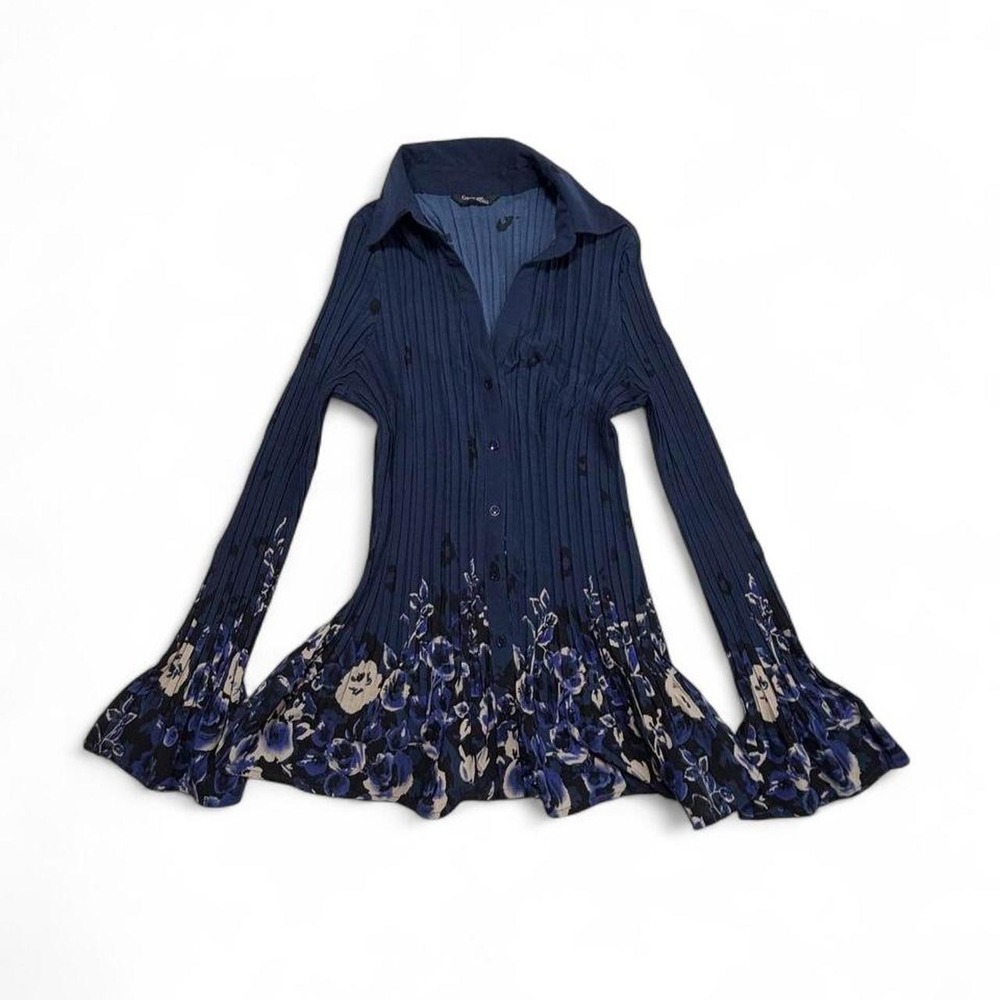 Vintage Y2K George Classics Whimsigoth Navy Blue Purple Floral Plisse Blouse